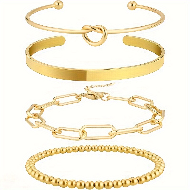 

4pcs Women's Golden Bracelet Stacked 14k Gold Plated Bracelet Set Women's Golden Beads Paper Clip Chain Bracelet Women's Girls Jewelry Fashion