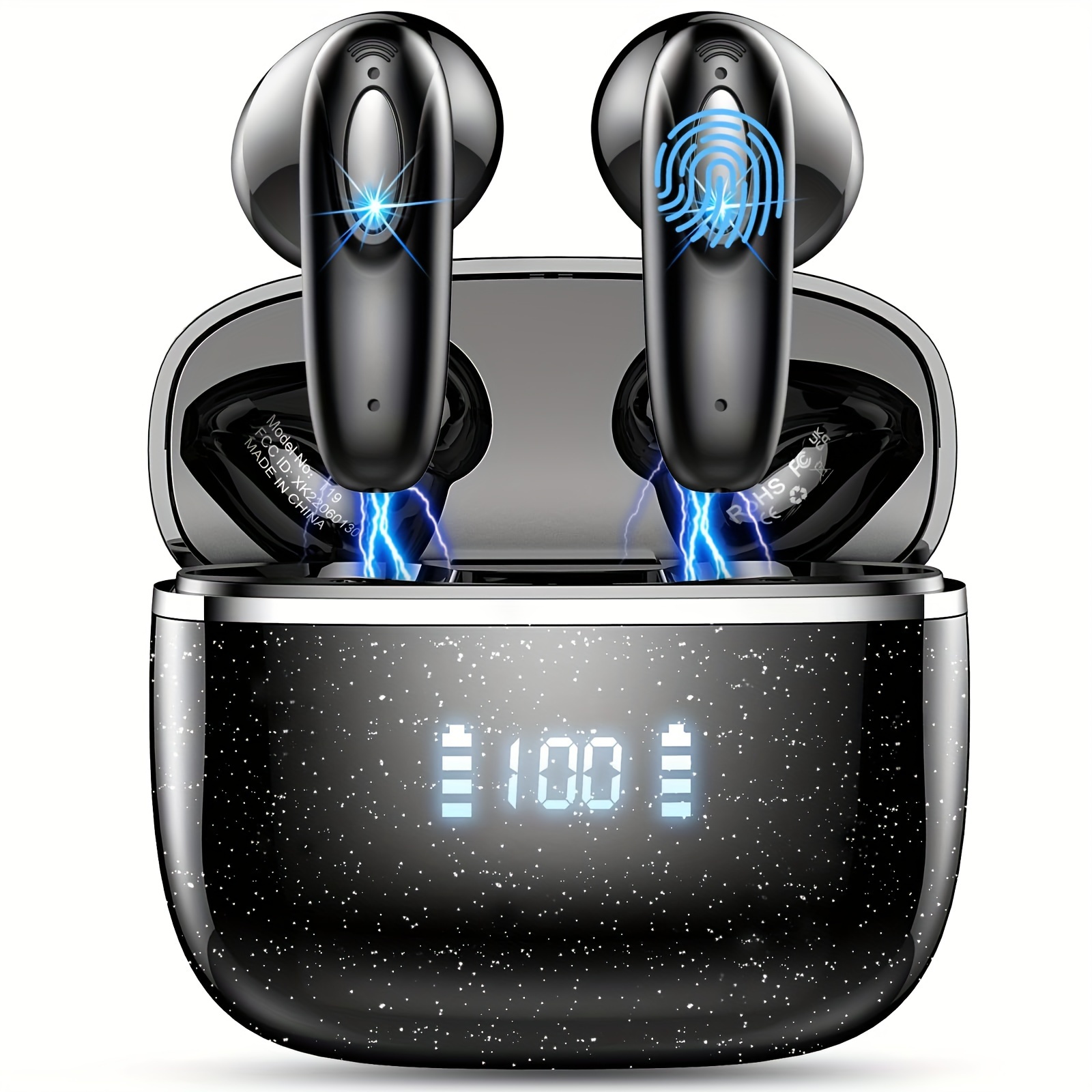 Image of T19 Wireless Earbuds, Wireless 5.3, 4g Fit, 14.2mm Hifi Stereo, 4-enc Noise Cancelling, Smart Touch Control, Led Digital Display, 40h Playtime, Usb-c Fast Charging & Auto Pairing