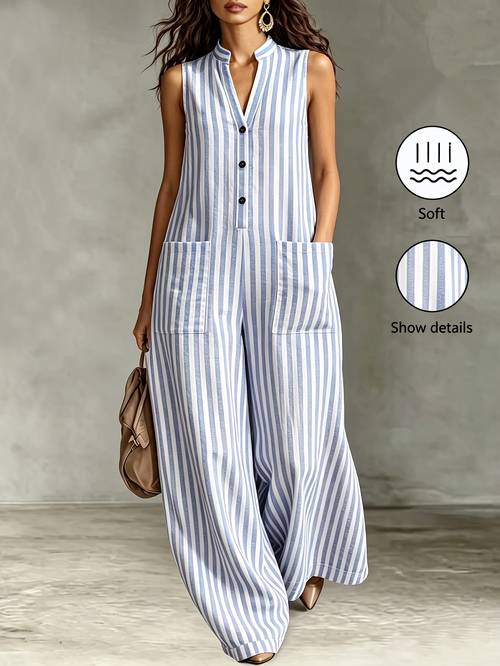 item picture new holiday french retro striped loose jumpsuit high waist wide leg pocket trousers summer casual daily jumpsuit