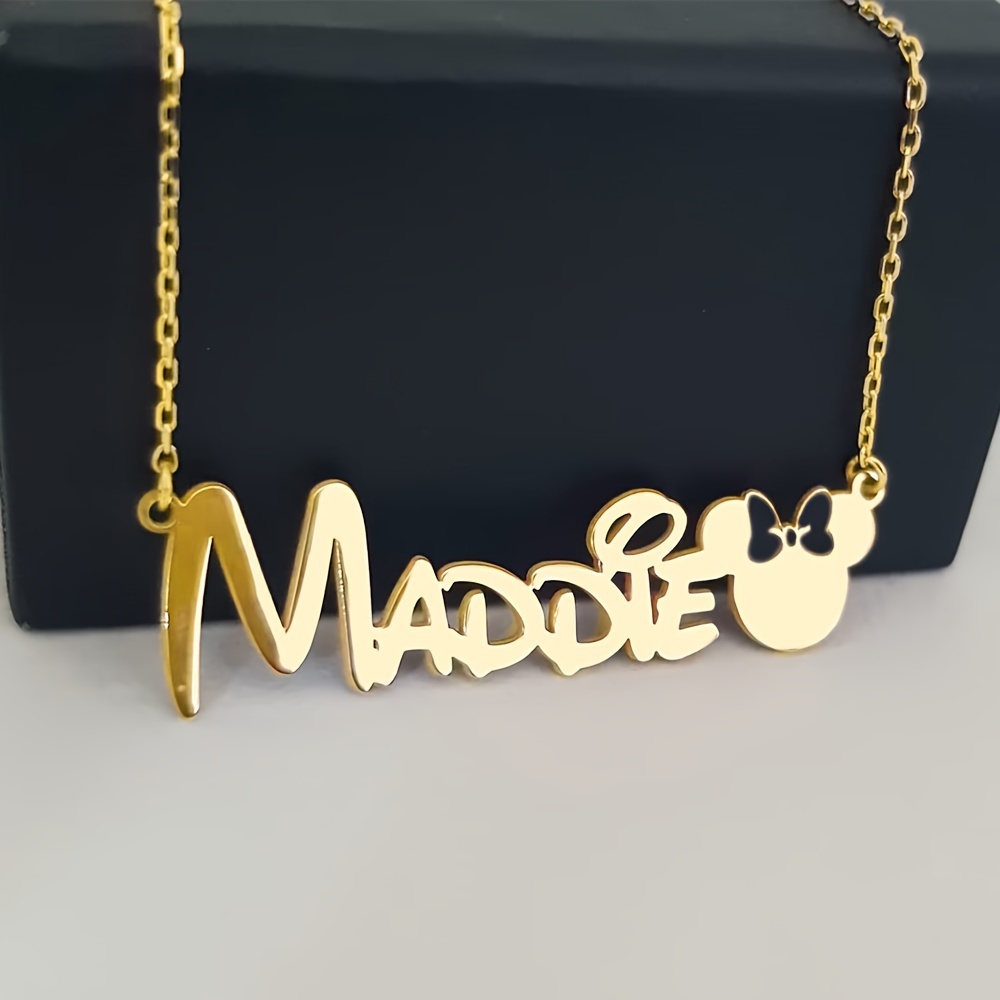 TEMU Personalized Cartoon Mouse & Bow Name Necklace - Stainless Steel, Golden-tone Finish - Perfect Gift For Women And Girls Mouse Jewelry Mouses Outfit For Women