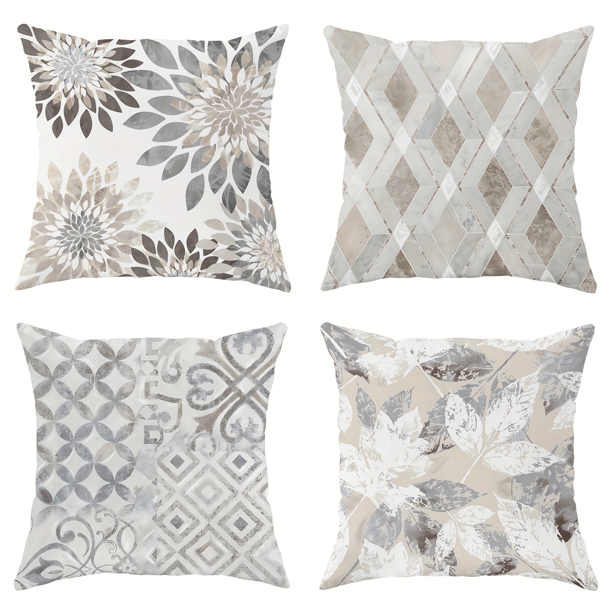 

4-pack Country-rustic Velvet Throw Pillow Covers With Floral & Geometric Patterns, Machine Washable Zipper Closure Cushion Cases For Sofa & Living Room Decor, Woven Polyester Decorative Pillowcases