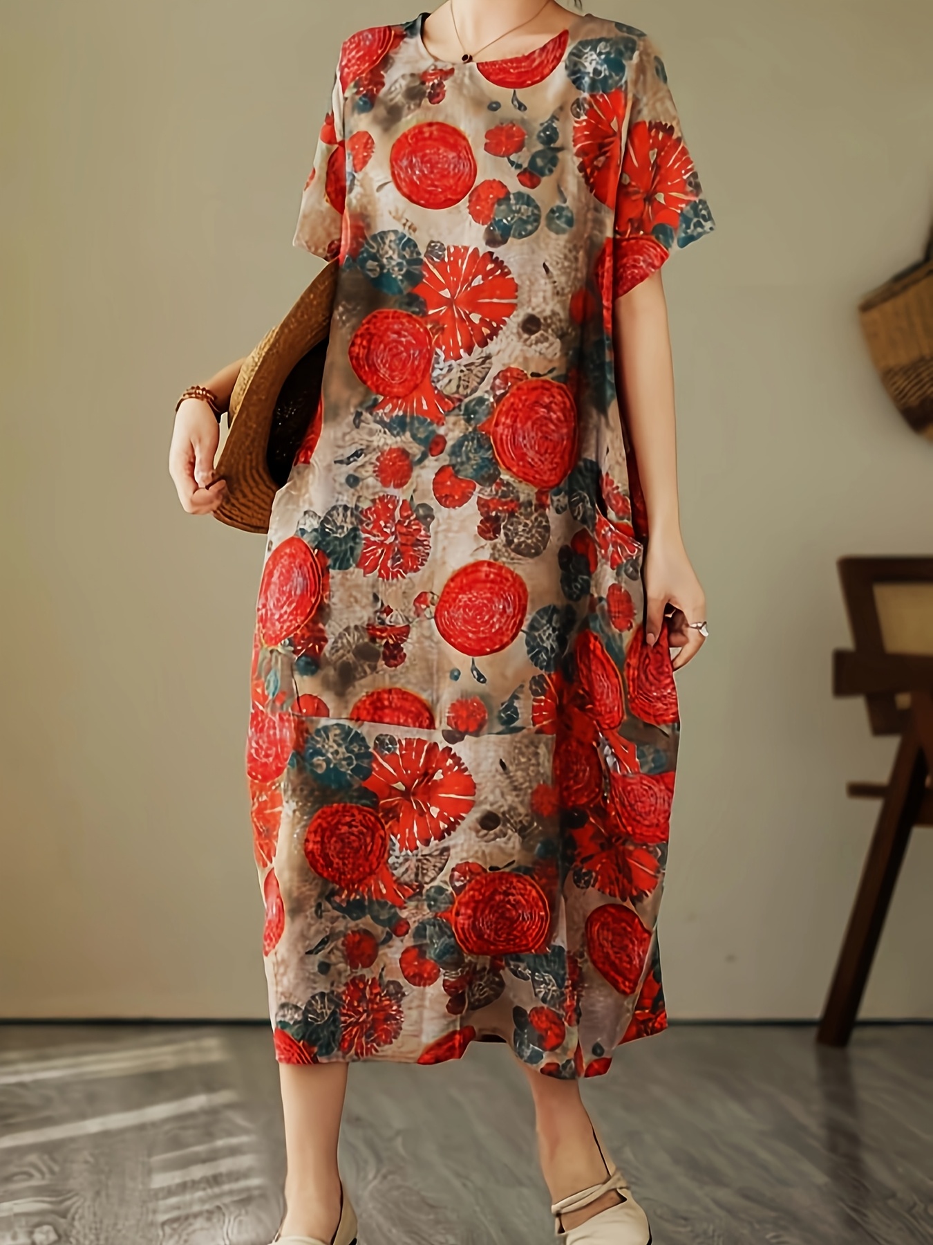 item picture Stylish Spring/Summer Linen Print Casual Loose Fit Short Sleeve Dress