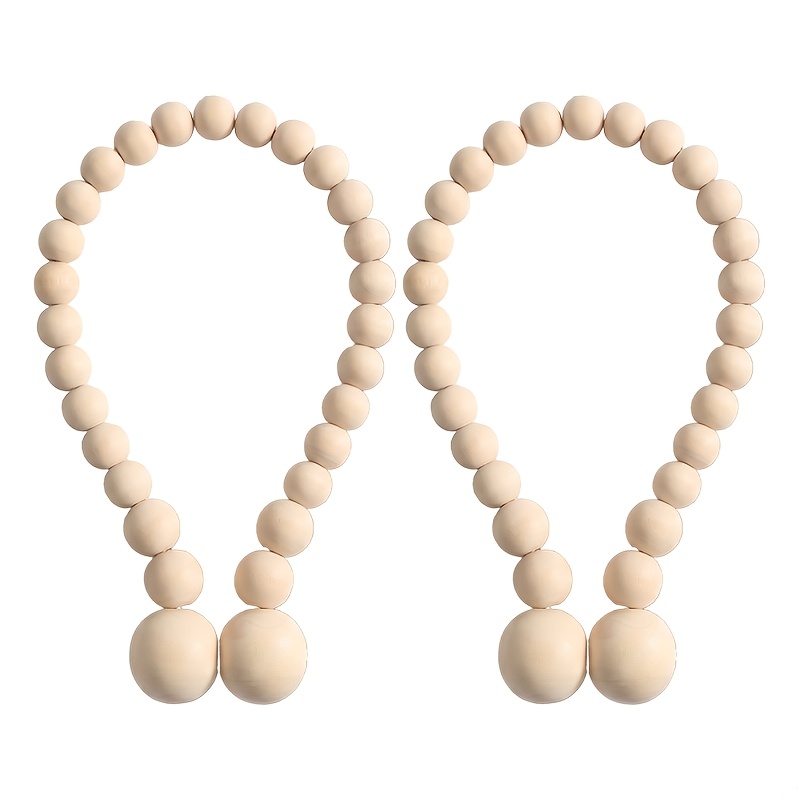 TEMU 2-pack Wooden Bead Magnetic Curtain Tiebacks, No-drill Curtain Holdbacks, Handmade Bohemian Tassel Curtain Tie Ropes, Natural Farmhouse Nursery