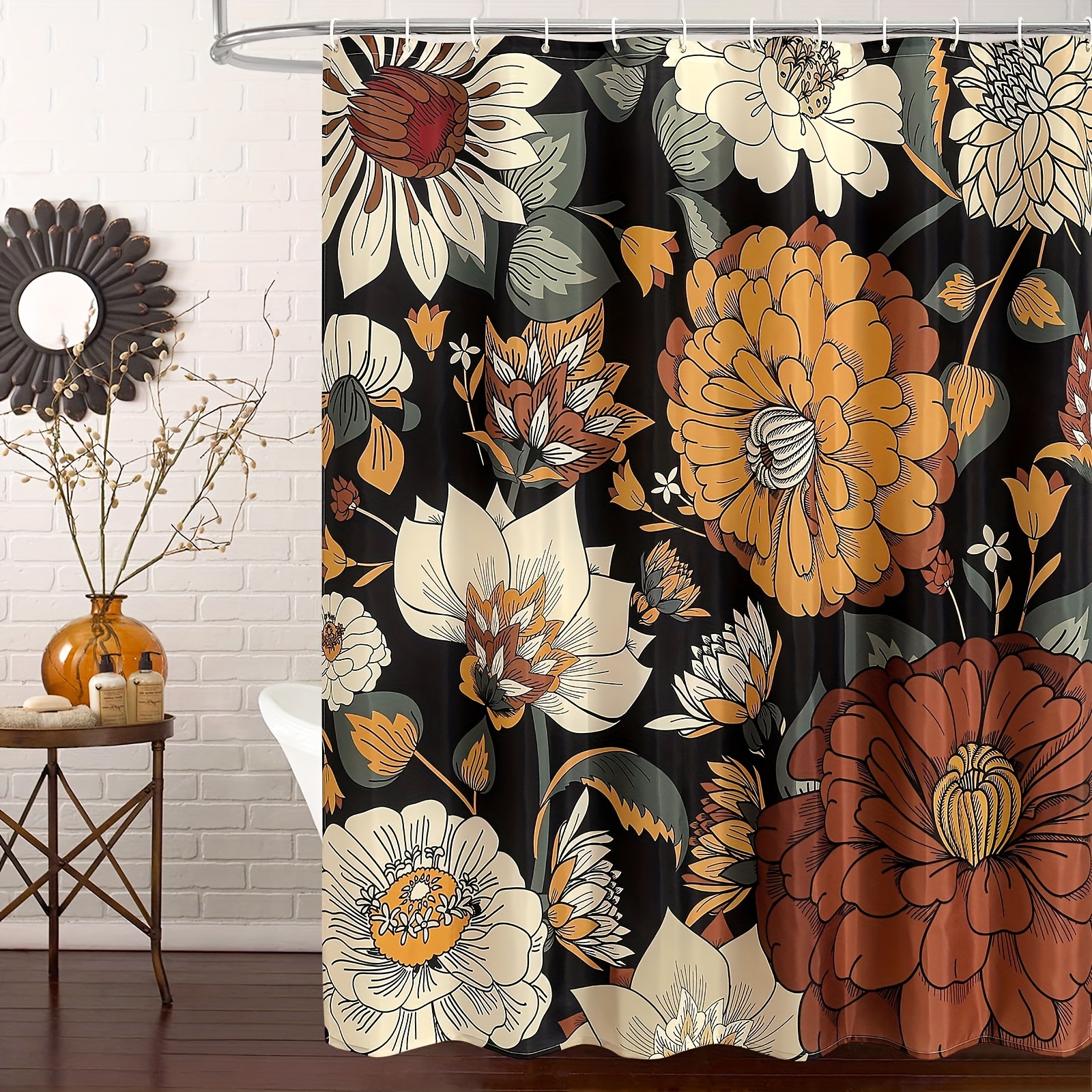 

1pc Boho Floral Shower Curtain, Tropical Leaves Fabric For Chic Morden Bathroom Decor, Mid-century Abstract Colorful Flower Shower Curtain, Perfect Gift, Elevate Bathroom Ambiance, Elegant Home Decor