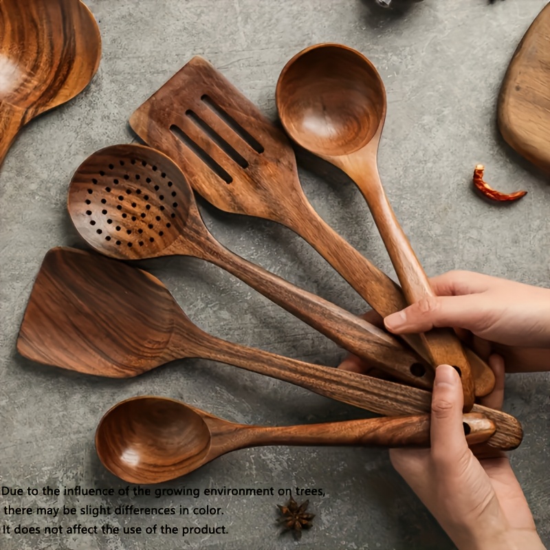 

5pcs Wooden Cooking Spoon Set Wok Natural Teak Wooden Tableware Kitchen Set Skimmer Spoon Wooden Turner Tableware Set Wooden Spatula Teak Set