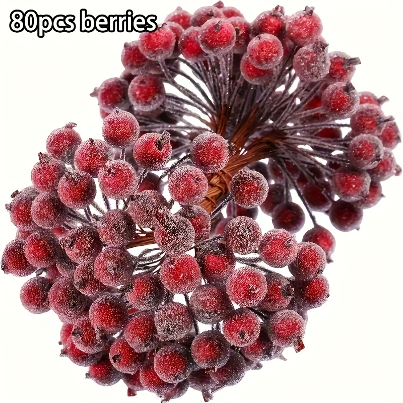 TEMU 80pcs Artificial Berries - Realistic Red & Green Berries With Frosting, For Christmas Trees, Wreaths, Crafts, Home Decor - Durable Plastic