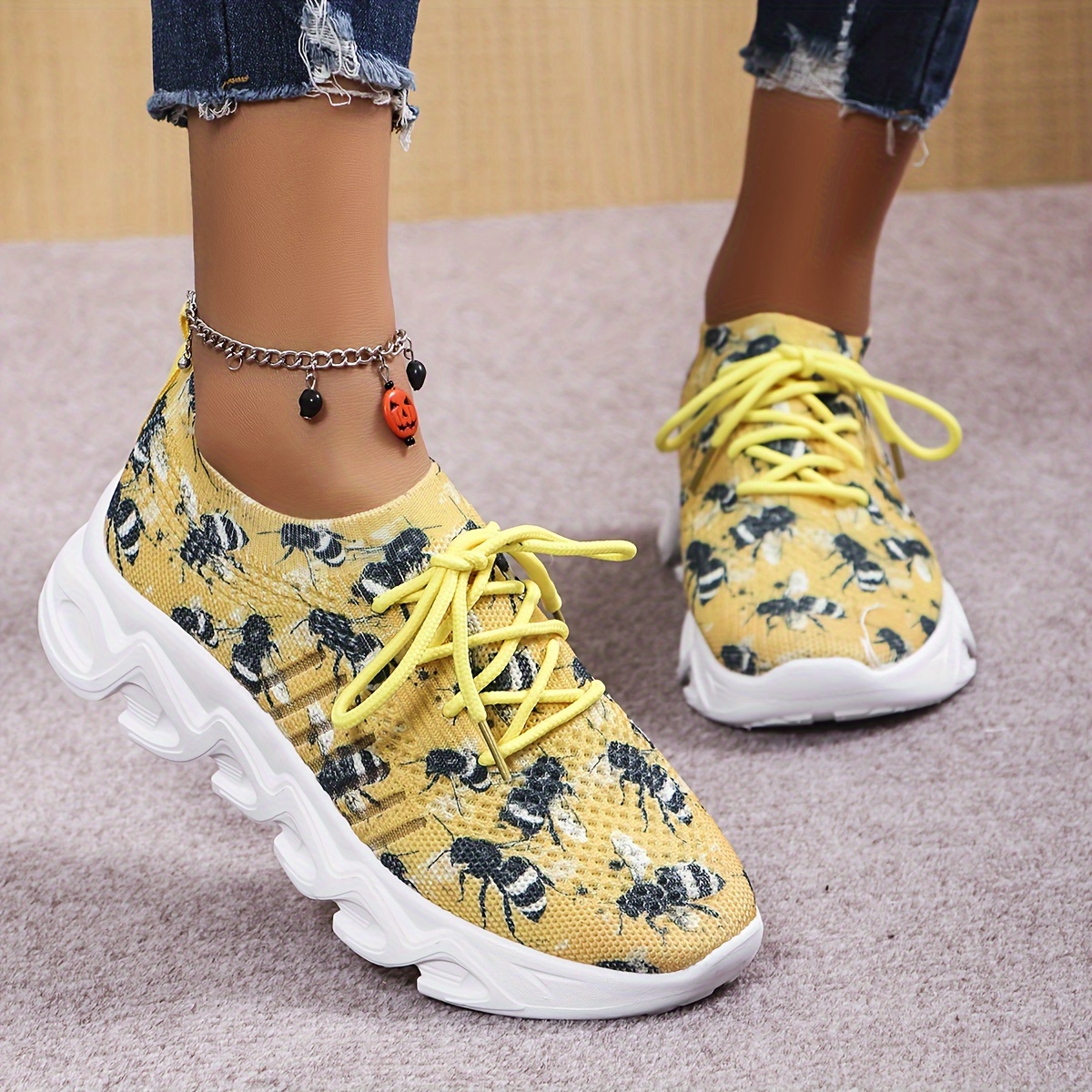 

Women's Bees Pattern Platform Sneakers, Stylish Knitted Low Top Running & Walking Trainers, Breathable Outdoor Shoes