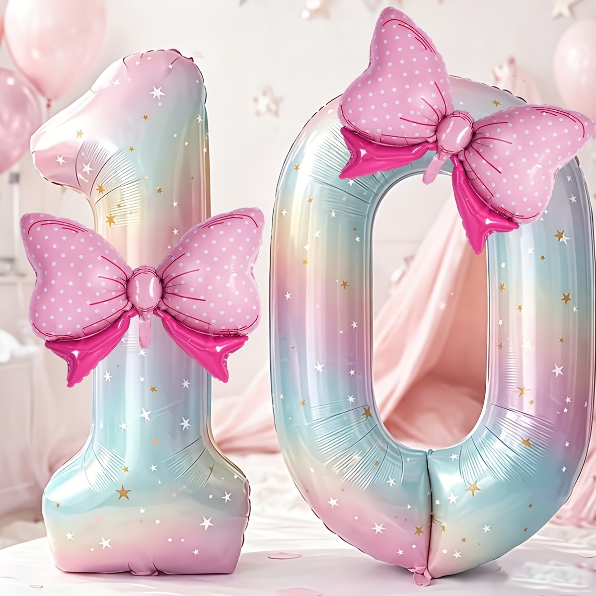 Image of 4-pack Of 40-inch Rainbow Digital Aluminum Foil Balloons With Pink Bows Perfect For Birthday Party Decorations, Anniversary Celebrations, And Graduation Decorations