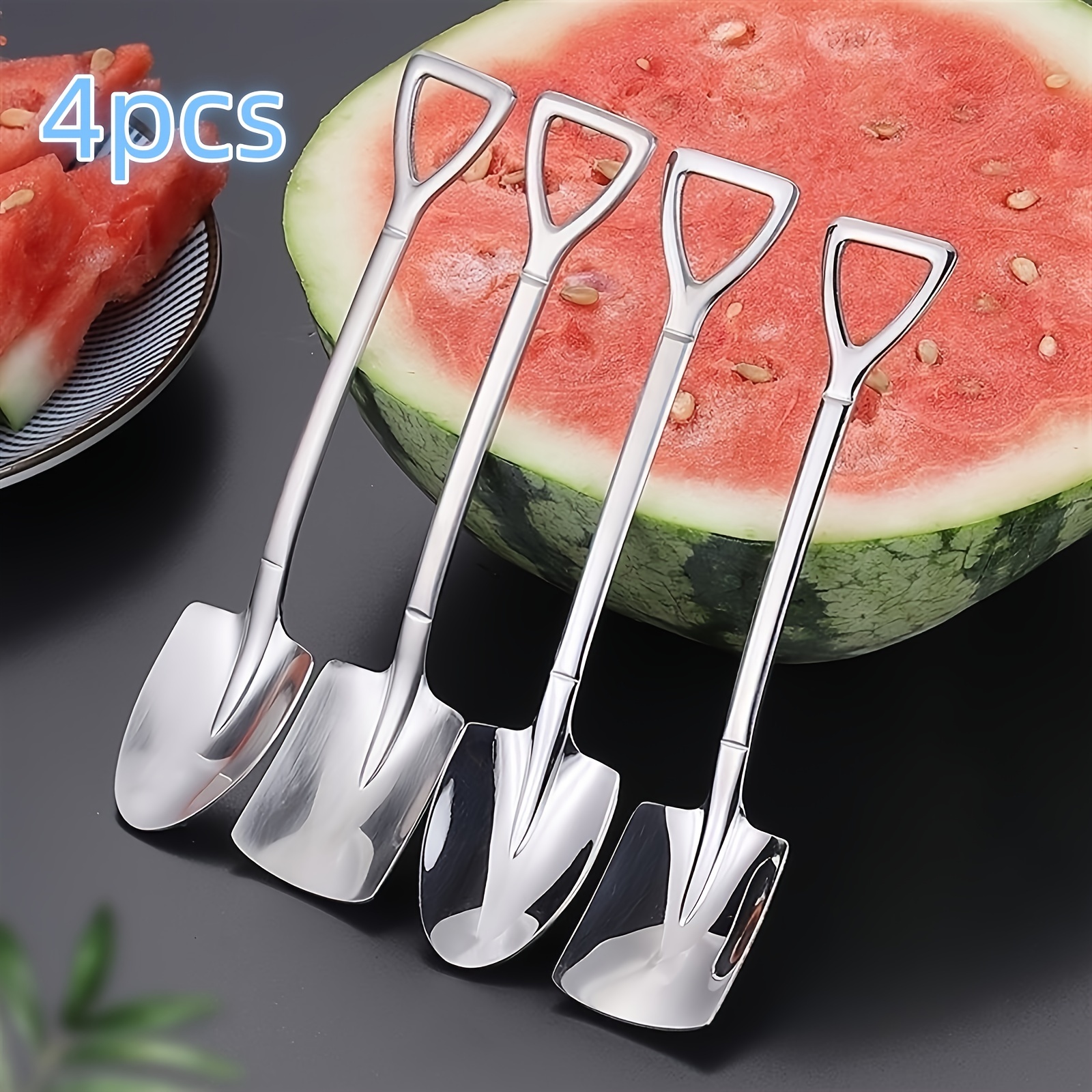 

4pcs Stainless Steel Spade Shaped Spoon Set - Creative Dessert Ice Cream & Watermelon Serving Spoons - Portable Picnic Backpack Flatware Accessories