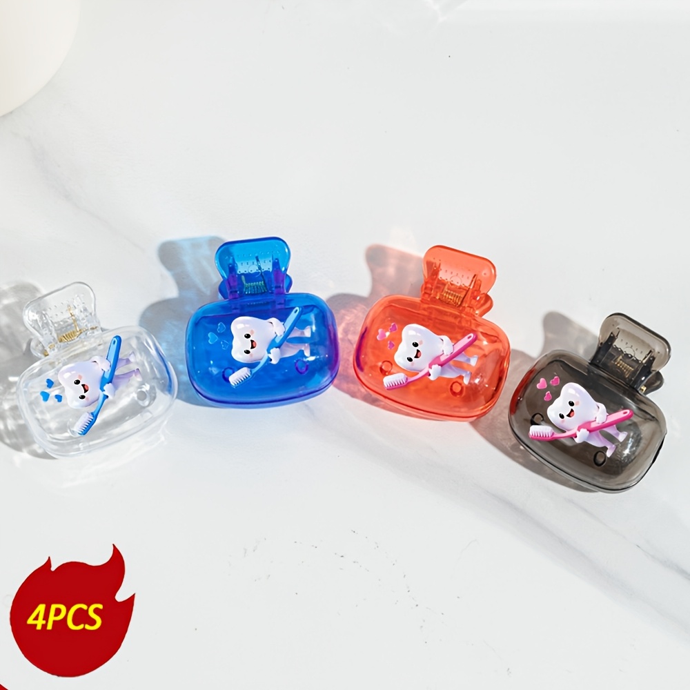 Image of 4pcs Cute Tooth Hugging Toothbrush Pattern Toothbrush Covers - Suitable For Sizes Travel Set, With Ventilation Holes To Keep Toothbrush Head , Cute , Compact And Portable, Bright Toothbrush Cover
