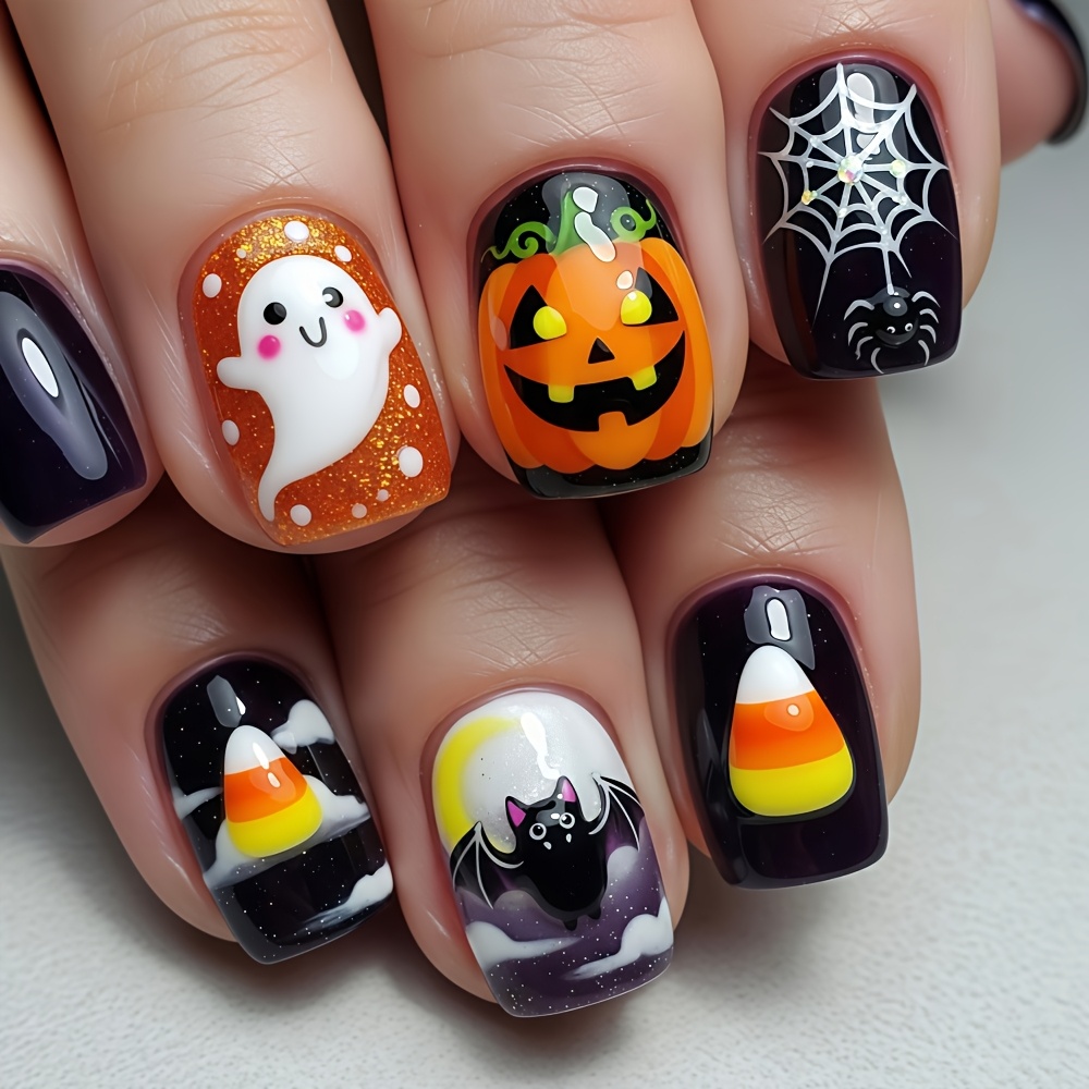 TEMU 24pcs Halloween Cute Cartoon Short Press-on Nails, Pumpkin Bat Candy Corn Patterns, Glitter Fake Nails, Daily Party Atmosphere Nail Stickers,