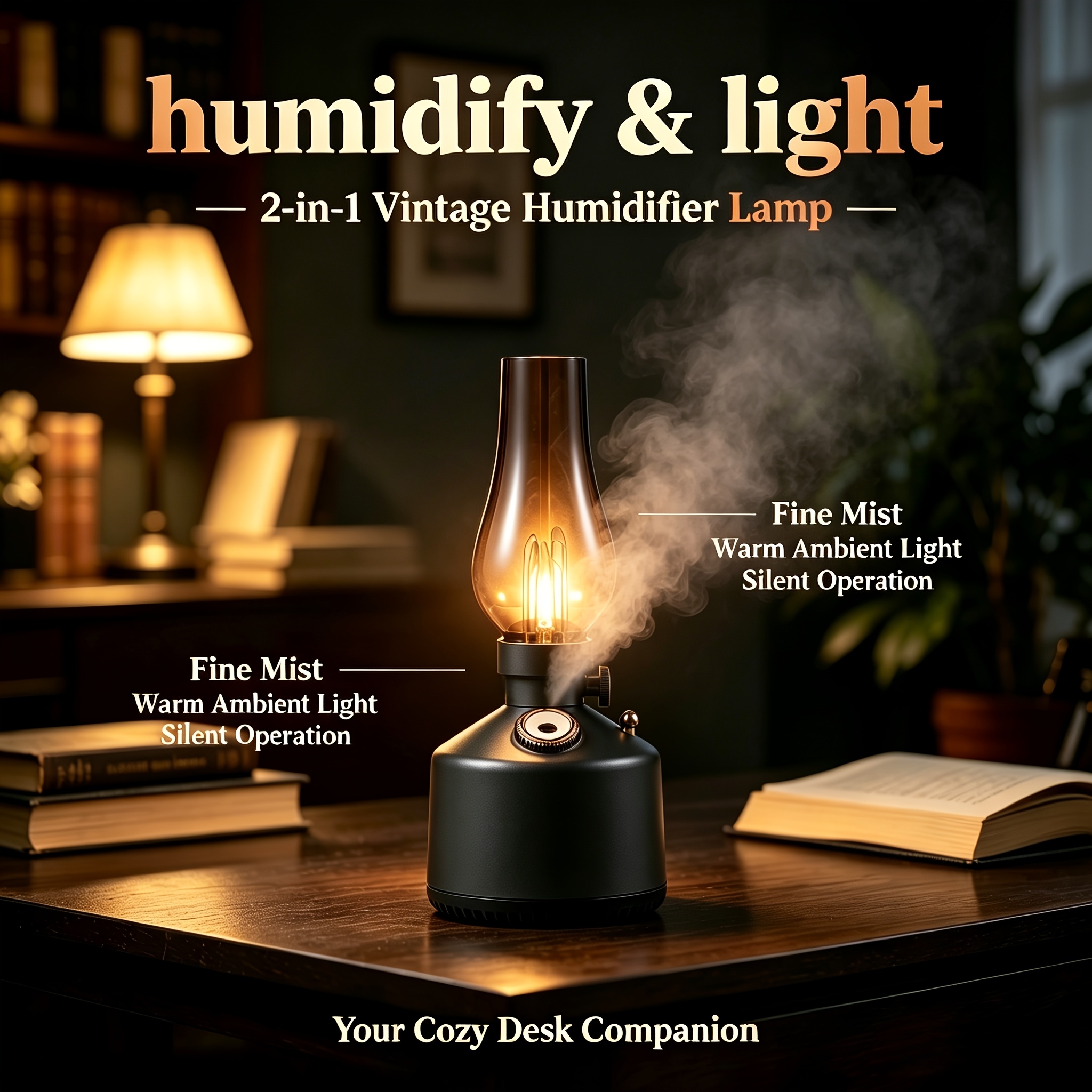 Cool Mist Humidifier, 8.79oz Capacity Kerosene Lamp Humidifier Vintage Desktop Humidifier with 2 Mist Settings for Home Office Bedroom Yoga, Multifunctional Design(Gray)