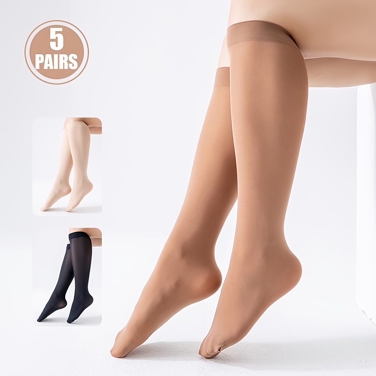 Image of 5 Pairs Women's Ankle Socks, 50d Velvet High-elastic Comfortable All-match Knee-high Thick Stockings, Suitable For Occasions Spring/autumn Long Socks