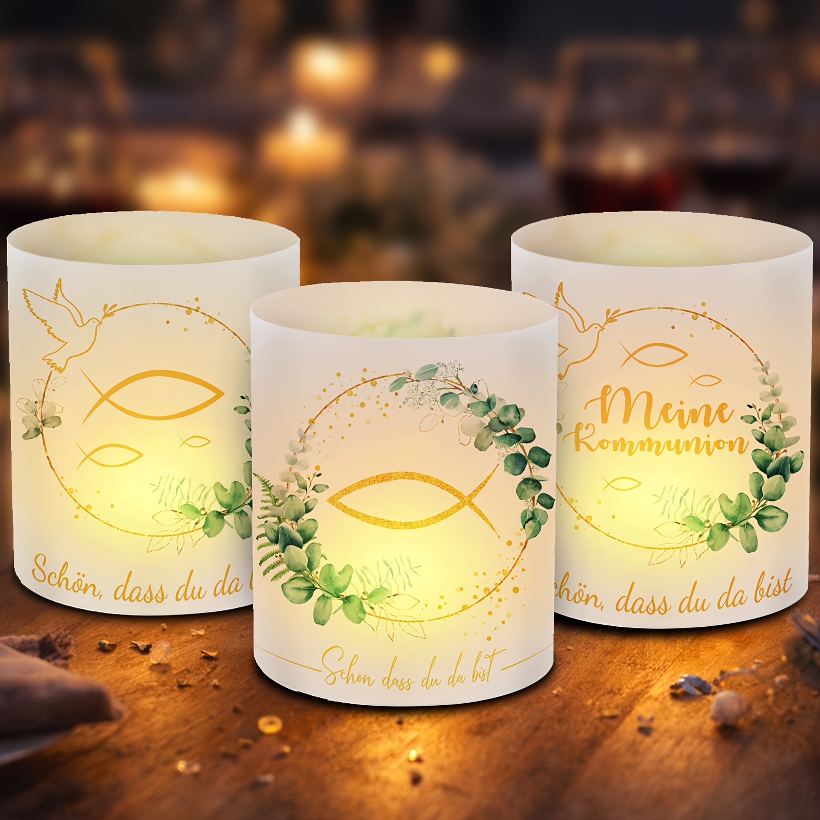 E-shop 6er-Set Tauflicht, Kommunionlicht, religiöser dekorativer Kerzenhalter, Meine , Deutsche Segenslicht, Kirche Taufe Tisch Atmosphäre Licht