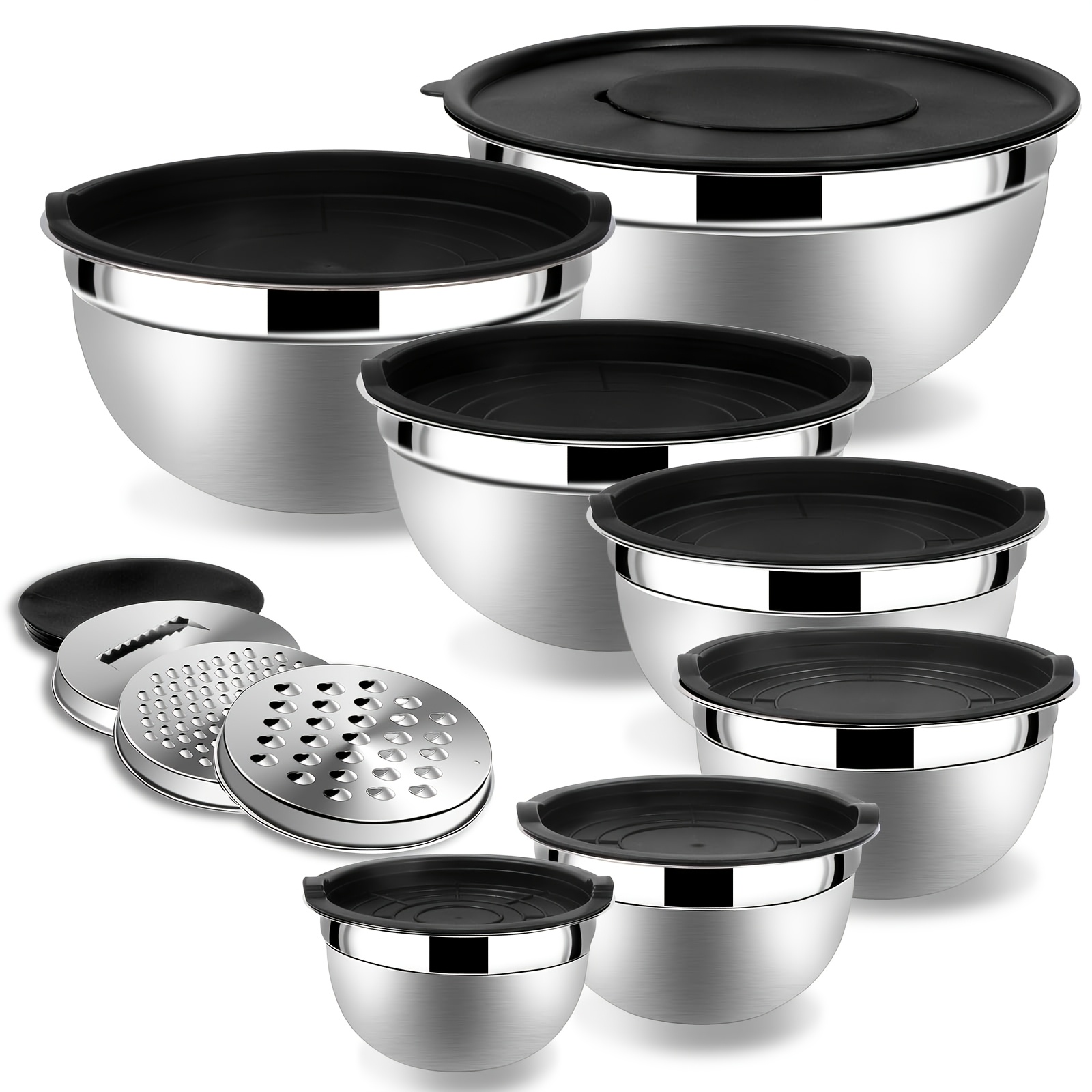 TEMU Mixing Bowls Set Of 7, Stainless Steel Nesting Bowl With Airtight Lids, 3 Grater Attachments And Metal Salad Storage Set For Baking Serving