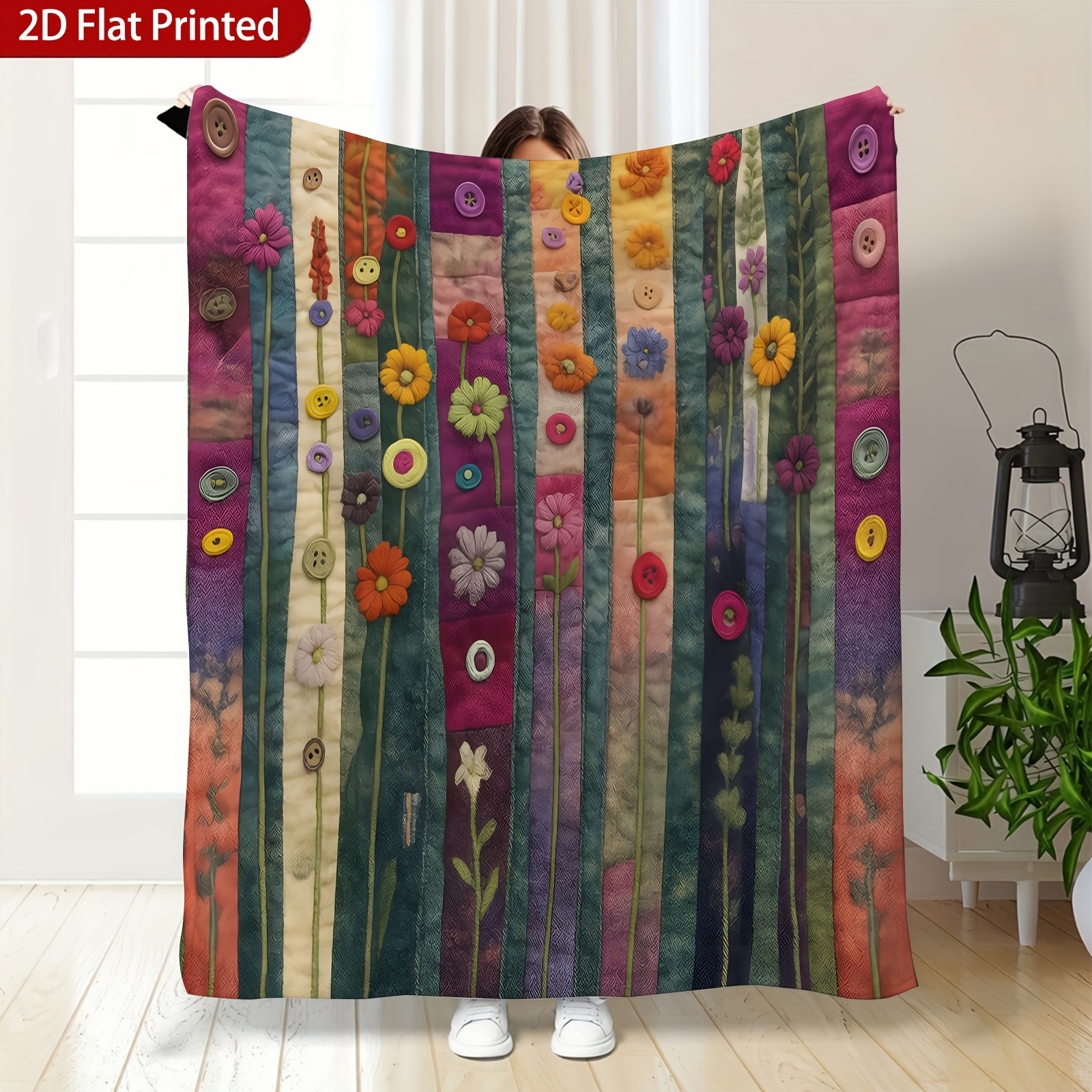 TEMU 1pc Hand-embroidered-look Multicolor Retro Floral Blanket - Soft Flannel Throw Bedspread Suitable For Sofa, Bed, Car, Camping & Travel, Button