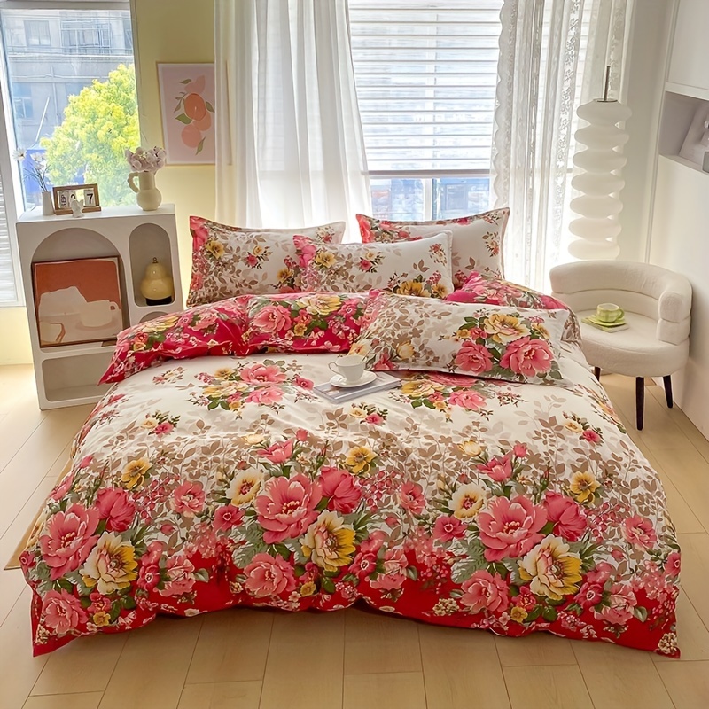 

Floral Duvet Cover Set With Zipper Closure - 3 Piece Microfiber Bedding Set Includes 1 Botanical Flower Print Duvet Cover And 2 Pillowcases, Machine Washable, Breathable Fabric, All-season Comfort