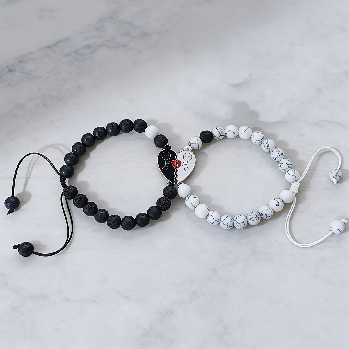 Image of 2pcs Couple Bracelet Set, Matching Split Heart Beaded Bracelets For Lover, Valentine's Day Relationship Jewelry Gift