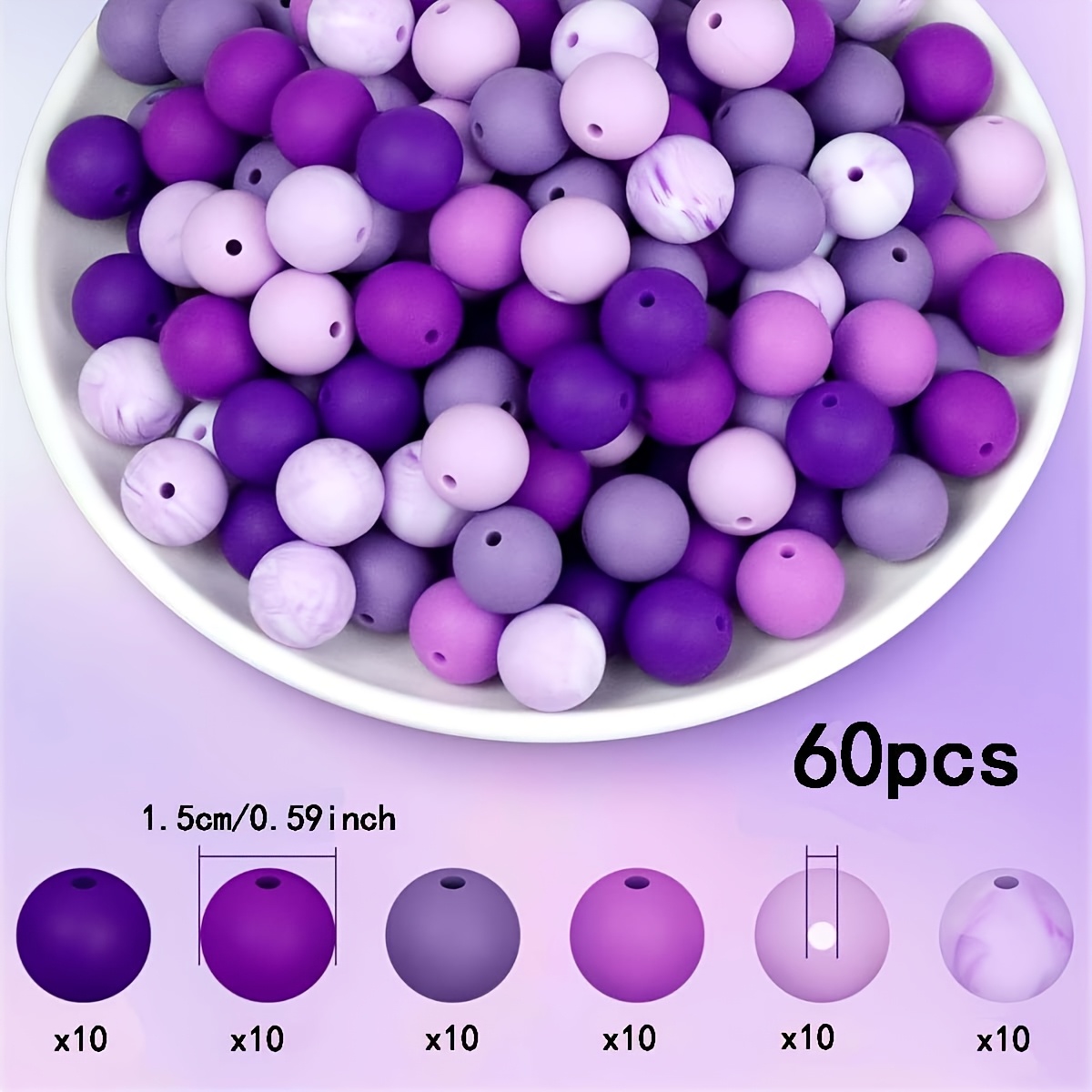 60pcs Of Purple Gradient Silicone Round Beads For Handmade Necklace, Plastic Pen Beading, Bag Chains, Phone Chains, Bracelet Jewelry Supplies, And Decorative Beads