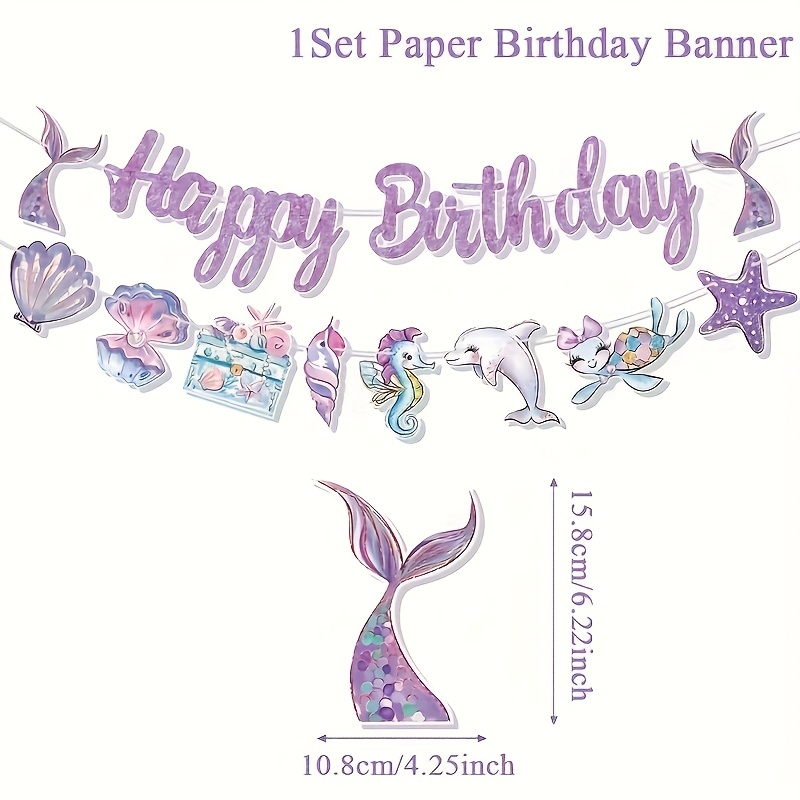 1set, Mermaid Happy Birthday Paper Banner, Purple Mermaid Theme Party Pull Flag, Birthday Party Atmosphere Decor Supplies, Banners, Happy Birthday Decorations