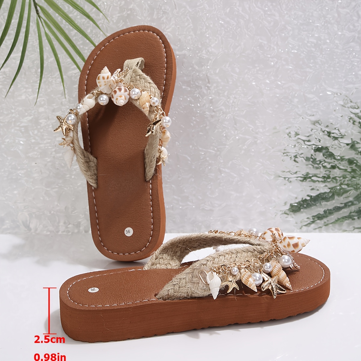 TEMU Women's Flip Flops With Woven Wide Straps And Coffee-colored Sole | Comfortable 3.0 Eva Sole, Fashionable And Elegant, Metal Shell Decorations,