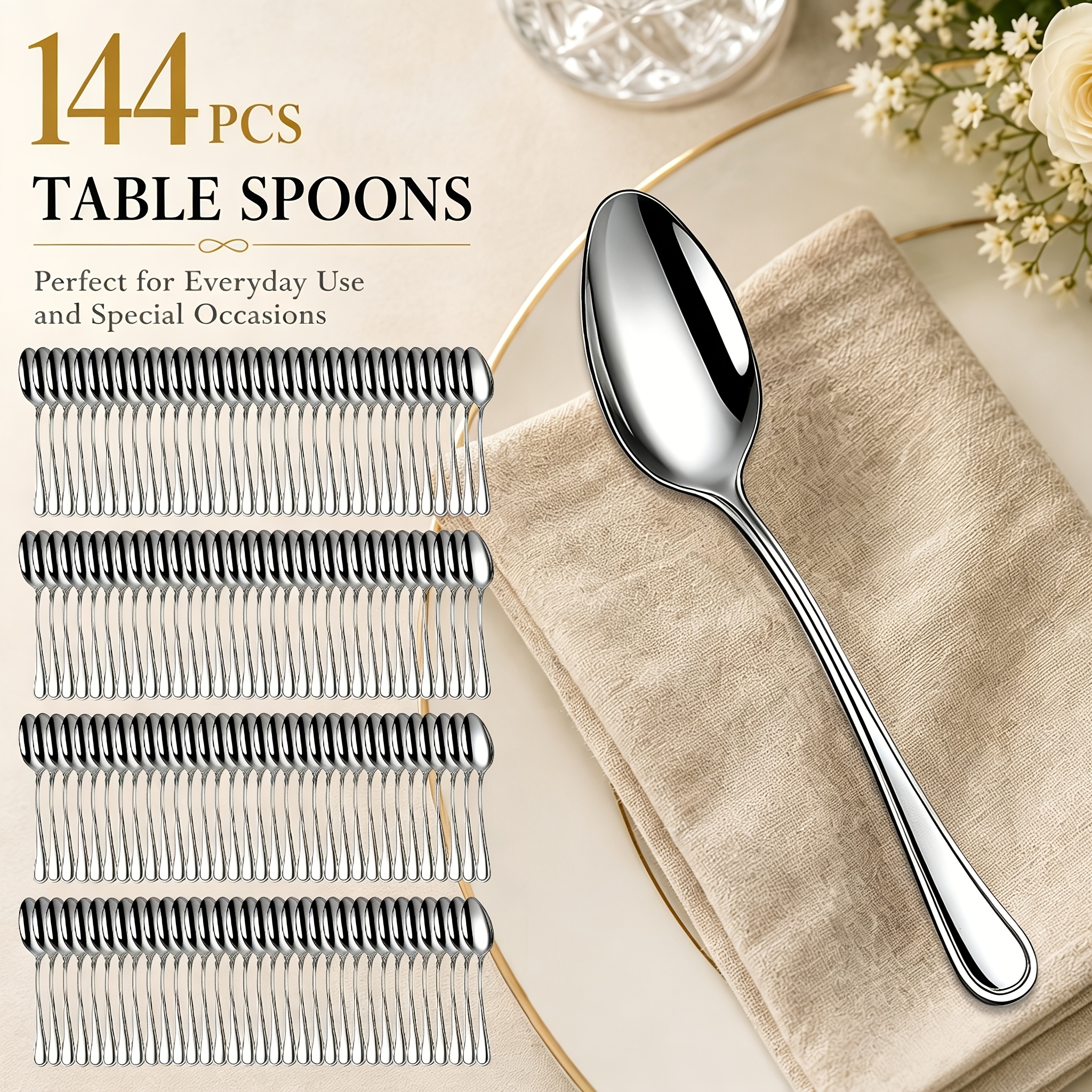 TEMU Ensemble de 144 cuillères à table, cuillères à soupe de qualité supérieure en acier inoxydable, robustes, lavables au lave-vaisselle, cuillères