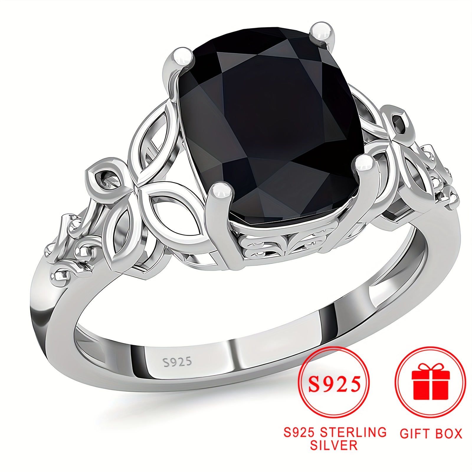 

Elegant S925 Sterling Silver Hollow Ring With Black Cubic Zirconia, Nickel-free, And Gift-, Includes Gift Box