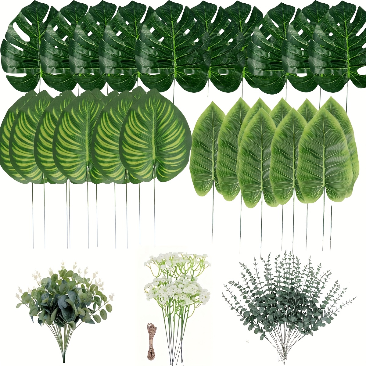 Image of 60pcs Realistic Artificial Palm Leaves - 6 Types Tropical Fake Plants With Foliage, Outdoor/ Plastic Greenery For Hawaiian Luau Wedding Birthday Dinosaur Themed Party Decor (no Maintenance Fake)