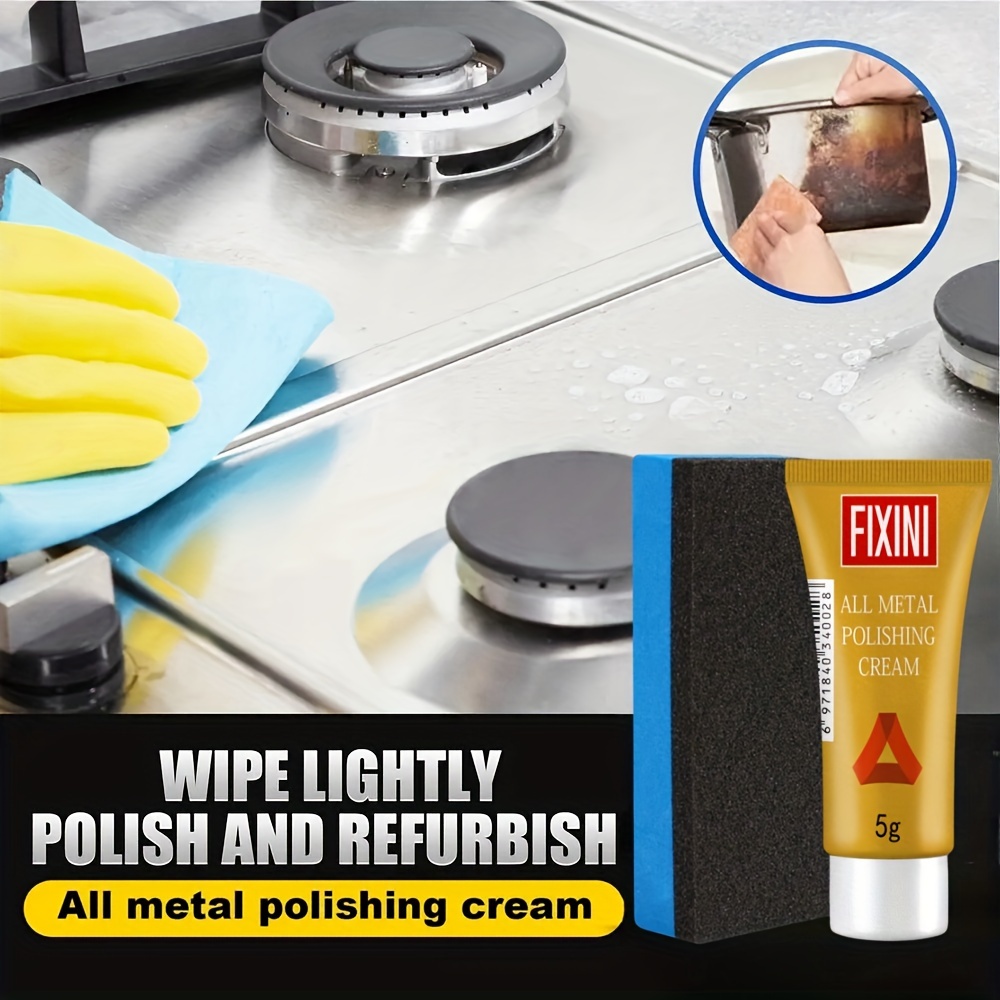 Fixini All-Metal Polishing Cream with Sponge - Multi-Purpose Shine & Repair Paste for Kitchens, Bathrooms, Stainless Steel, Ceramics, Car Wheels & Tires - Non-Abrasive Formula for Rust, Stains & Scratch Removal, 5g