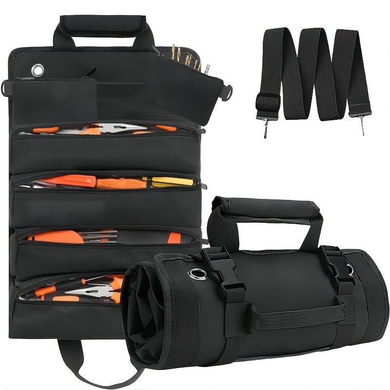 1pc bolsa organizadora de ferramentas à dágua resistência - armazenamento multi-compartimento para eletricistas & mecânicos, alças de ombro ajustáveis, suporte de ferramentas durável multiuso para trabalho & exterior, organizador de ferramentas para eletricistas | design | lona impermeável detalhes 0