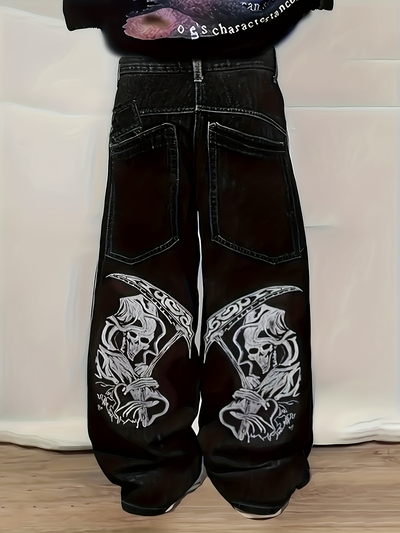 *'S Y2K Gothic Denim Black Pants with Skeleton Graphic, Loose Fit  Non-Stretch Denim for Halloween Costumes, Concerts Everyday Streetwear 