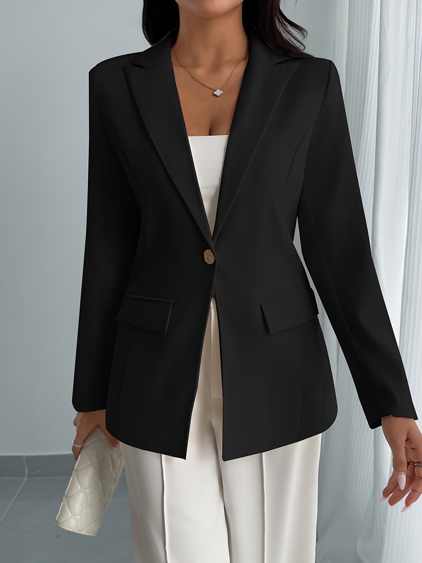 Chaqueta negra elegante para mujeres y pantalones Poliéster  larga, cierre de un solo botón, sin cinturón