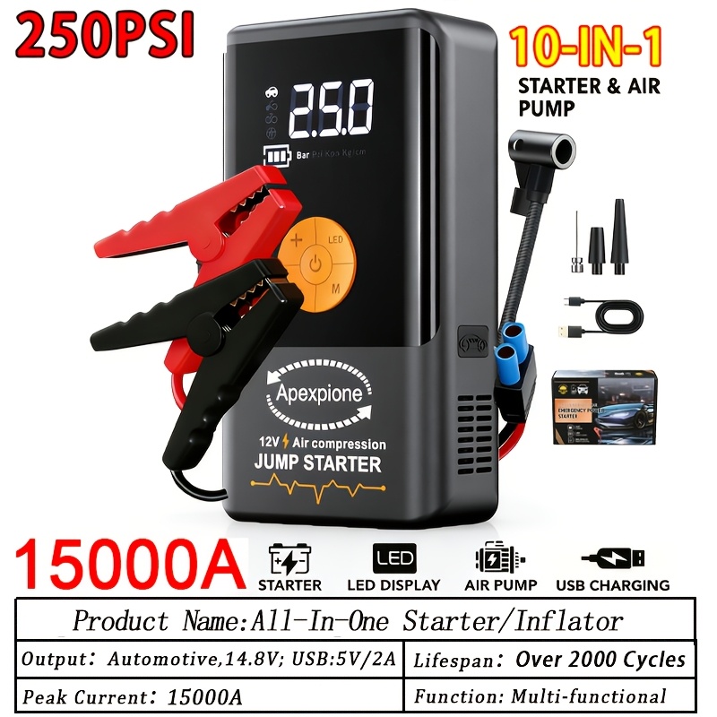 TEMU 12000a-15000a 10in 1 With Air Inflator Portable Car Emergency Supply, 12v Car Battery Charger, Optional 250psi Air Pump, Emergency Expansion And