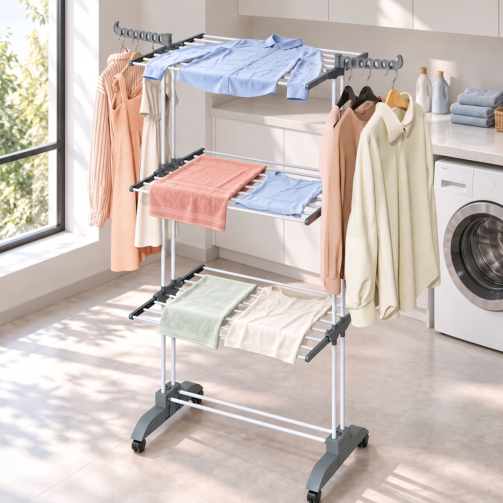 Image of 4-tier Clothes Drying Rack, Laundry Drying Rack Foldable With Space-saving Collapsible Base, Sturdy 19mm Tubes, Wheels, Clothes Wringer With Wheels For Balcony, Bedroom And Laundry Room