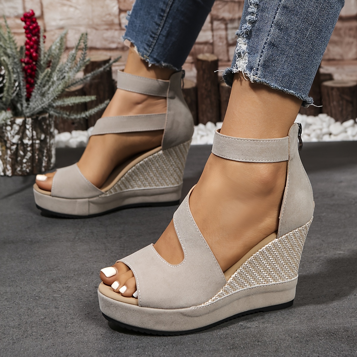 womens elegant high heel sandals with platform wedge olive green open toe zipper closure stylish strap design summer fashion fashionable footwear strappy sandals platform wedge details 2