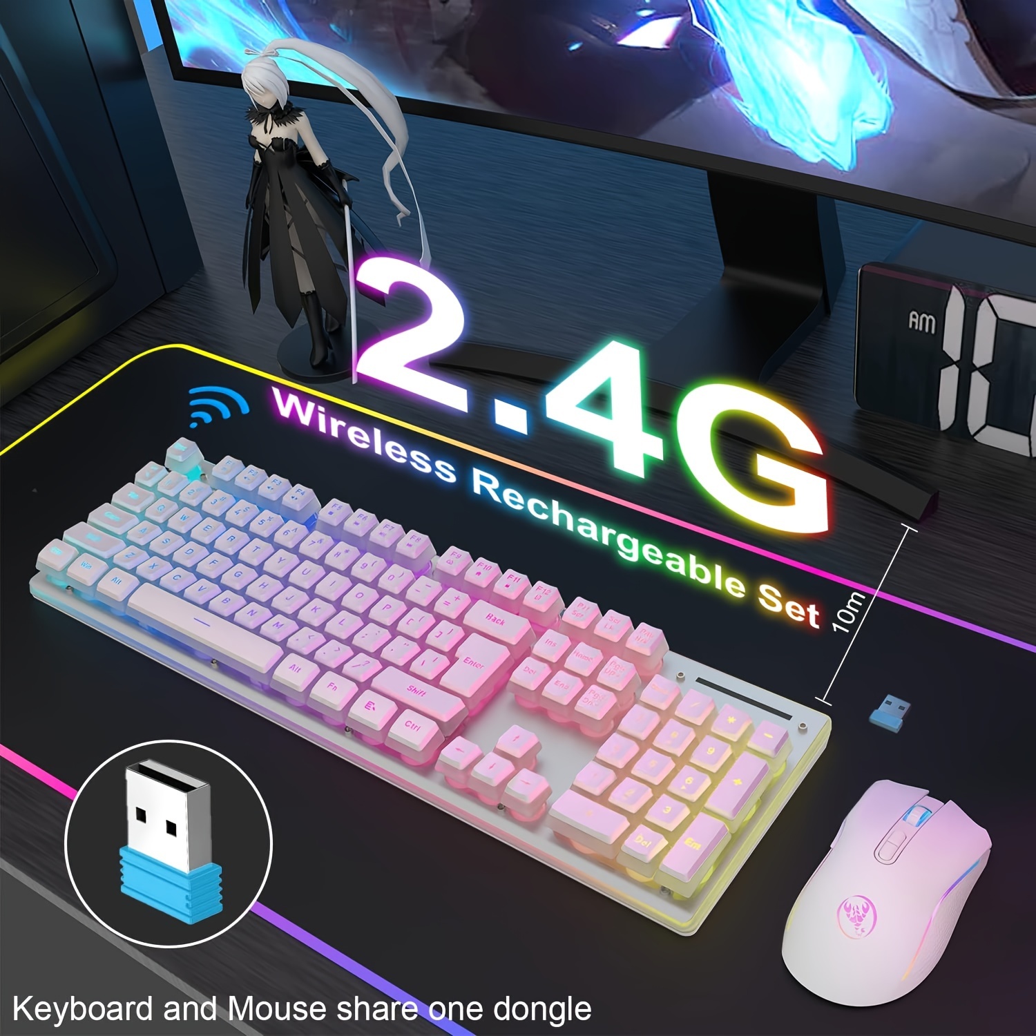 

Wireless Gaming Keyboard And Mouse Combo, Translucent Pudding Keycap, 3650mah Rechargeable Battery, Rgb Ergonomic Mechanical Feel Keyboard, 4800 Dpi Rainbow Led Mute Mouse 2.4g Usb For Pc/