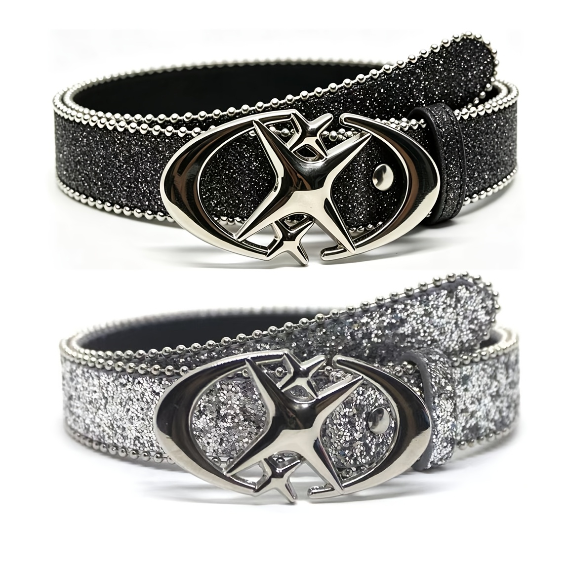 TEMU 2-pack Women's Instagram-style "hot " Belt With Double And , Pu Shiny Sequin Adjustable Belt For Fall And Halloween, Suitable For Club Parties