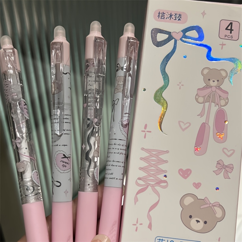 TEMU 4-pack Laser Ribbon Bear Erasable Gel Pens, Milky Puff Style, 0.5mm St Tip With Blue Ink For Daily Writing. Gentle Cherry Pink With Ballet Bear