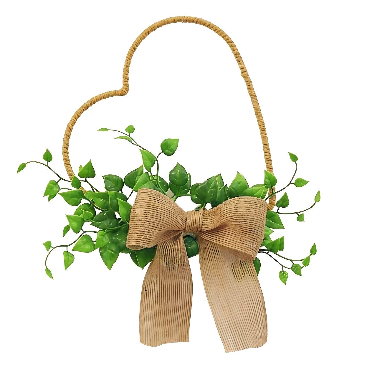 Image of Bohemian Hemp Wreath With Green Foliage & Bow - Plastic Leaf Door/wall Hanging Decor Suitable For Valentine's Day, Spring Summer Weddings, Graduation - Garland For Home, Low-maintenance Foliage Wreath