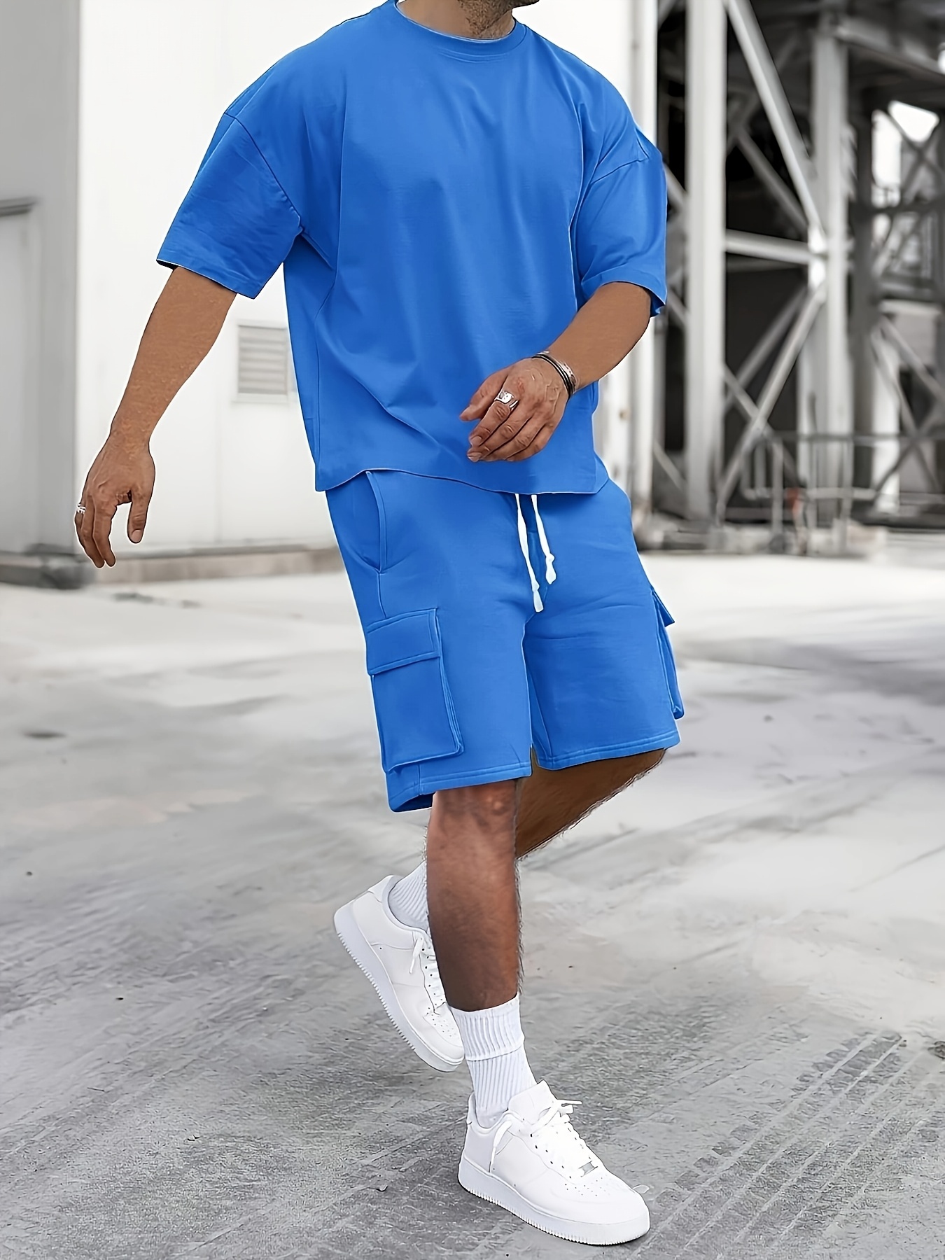 men's casual athletic shorts set royal blue polyester crew Temu