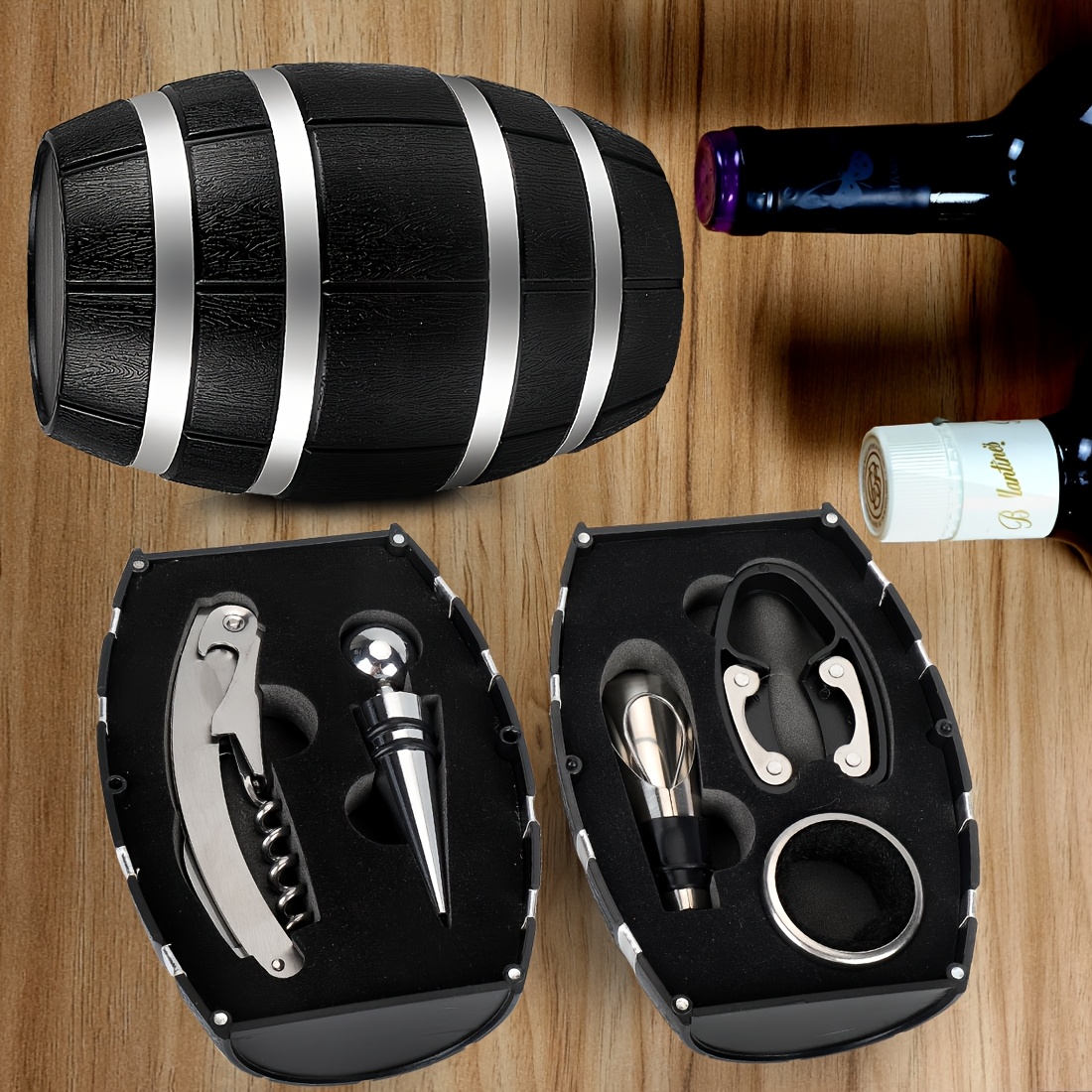5件套酒桶风格开瓶器套装 - 包括开瓶器、铝箔切割器、倒酒器、滴漏环和塞子 - 完美适用于厨房和餐厅使用 详情 1