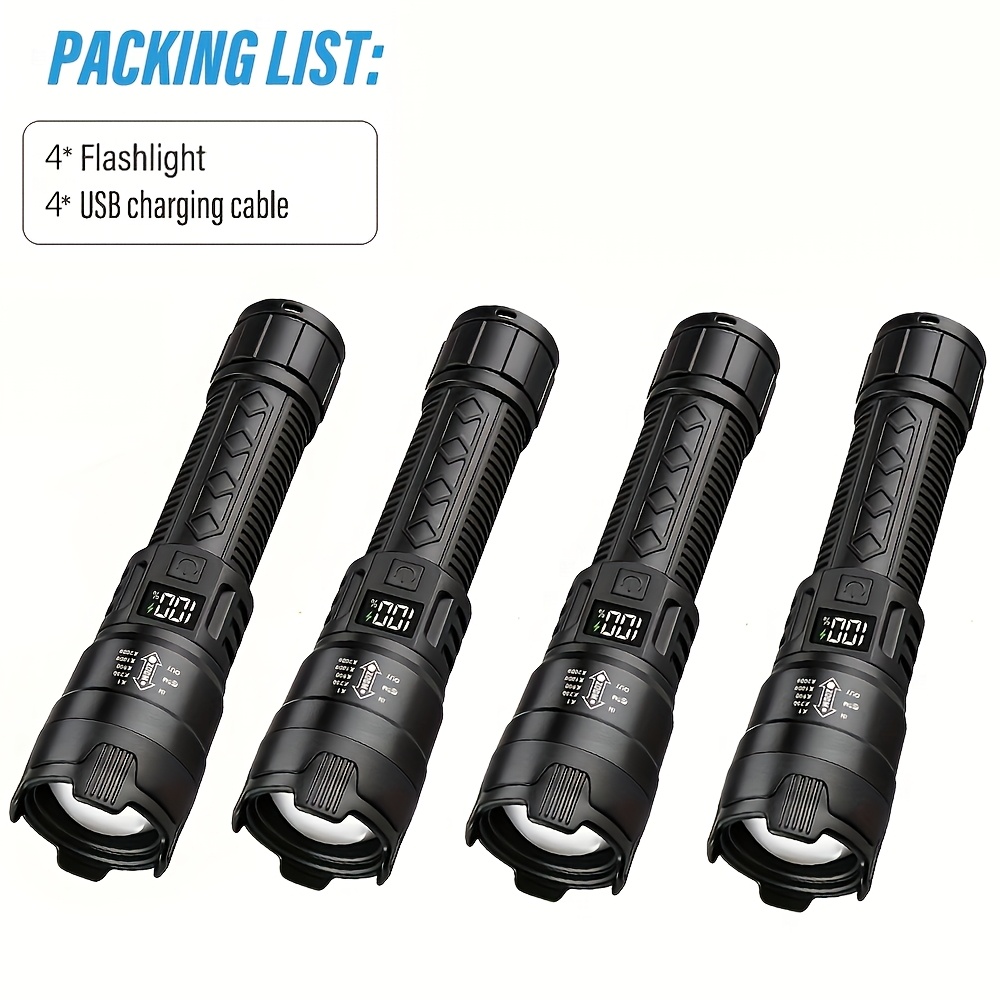 E-shop 4er-Set wiederaufladbare LED-Taschenlampe, tragbare Taschenlampe mit Teleskop-Zoom Ladeanzeige, drei Beleuchtungsmodi für Outdoor, Camping,