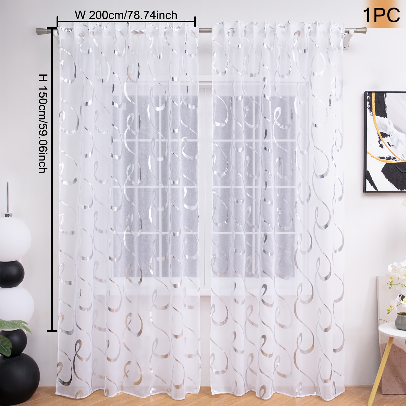 Image of Elegant White Sheer Curtain With Silvery Swirl Pattern - Rod For , Perfect For Farmhouse, Cottage, Or Modern Decor - Lightweight, Breathable, And Ideal For Living Rooms, Bedrooms, Or Dining Areas