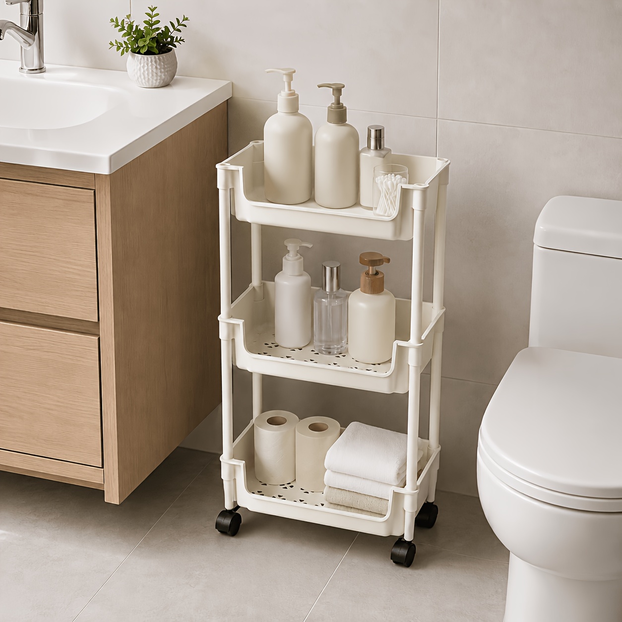 TEMU Carrito de almacenamiento delgado con ruedas, estante organizador de 3/4 niveles, carrito de plástico multiusos para ahorrar para cocina, baño,