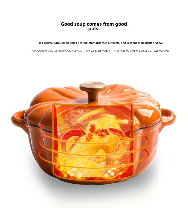 1pc autumn enamel cast iron pumpkin pot multifunctional stew pot soup casserole dutch oven induction cooktop compatible home kitchen cookware details 7