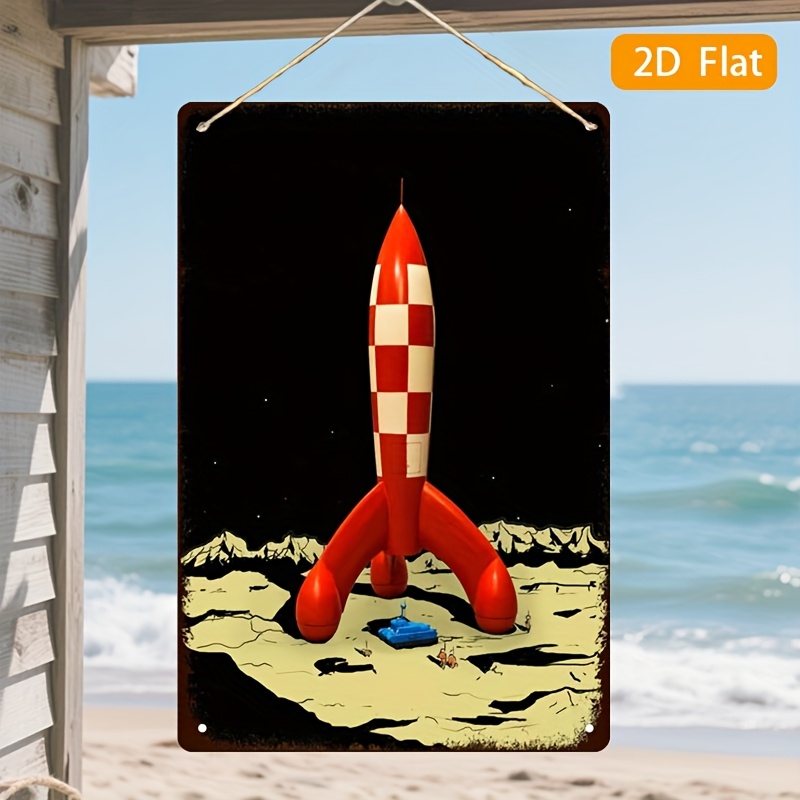 TEMU 2d Flat, 1pc Retro Space Theme Metal Wall Decor - Vintage Rocket And Moon Landscape Plaque - Heavy-duty Iron Sign For Home, Office, Bar, Outdoor