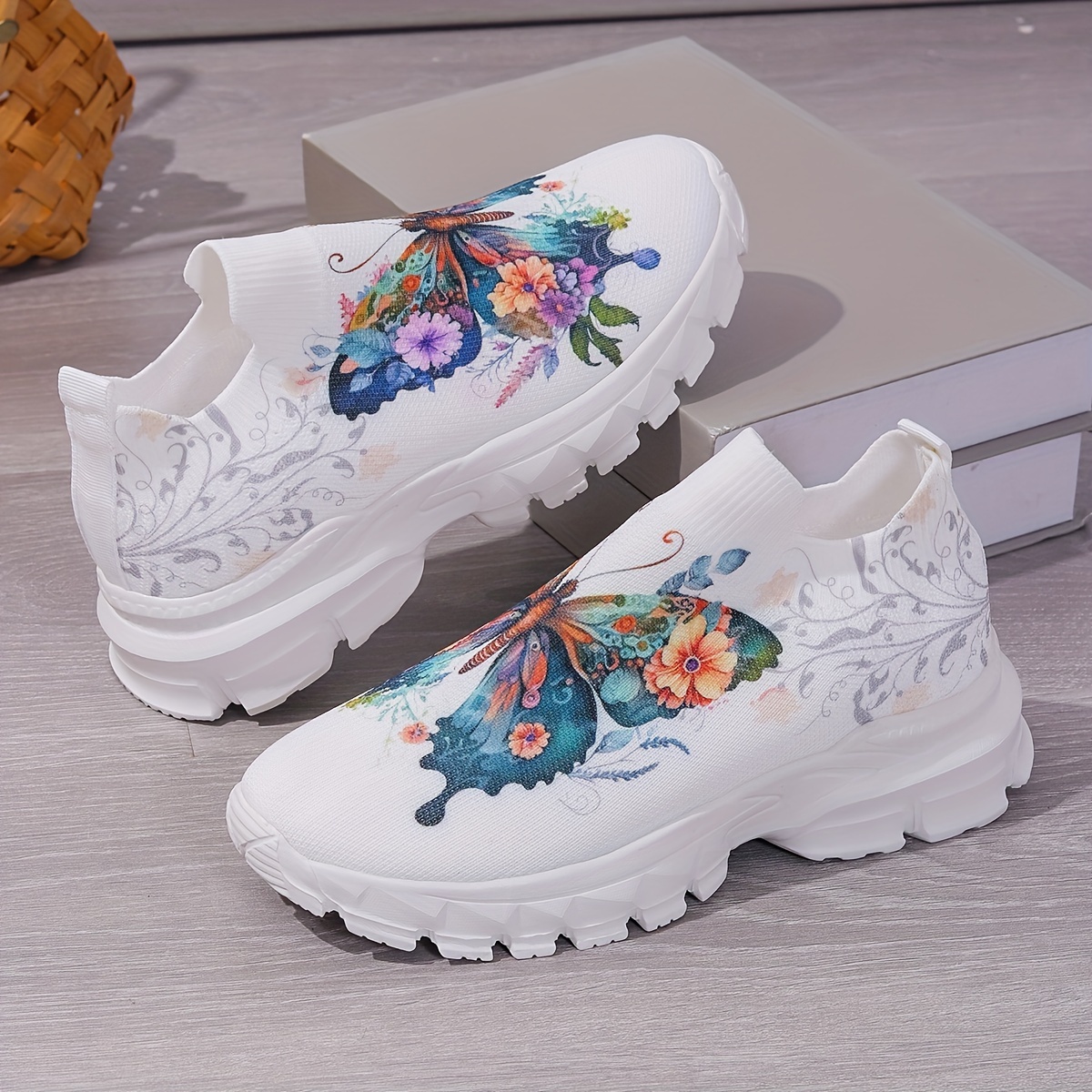 

Women's Floral Butterfly Print Sock Sneakers, Comfortable Fabric Slip-on Shoes, Breathable Fashion Trainers For Daily Wear