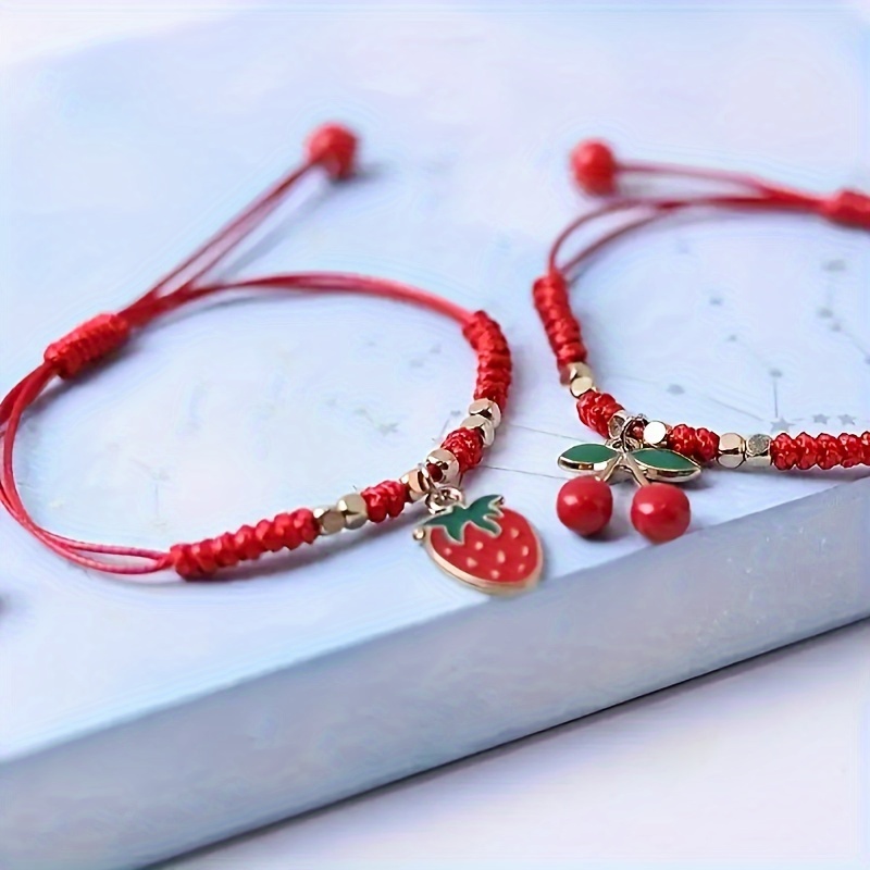 Adjustable Red & Golden Strawberry & Cherry Charm Bracelet for Women