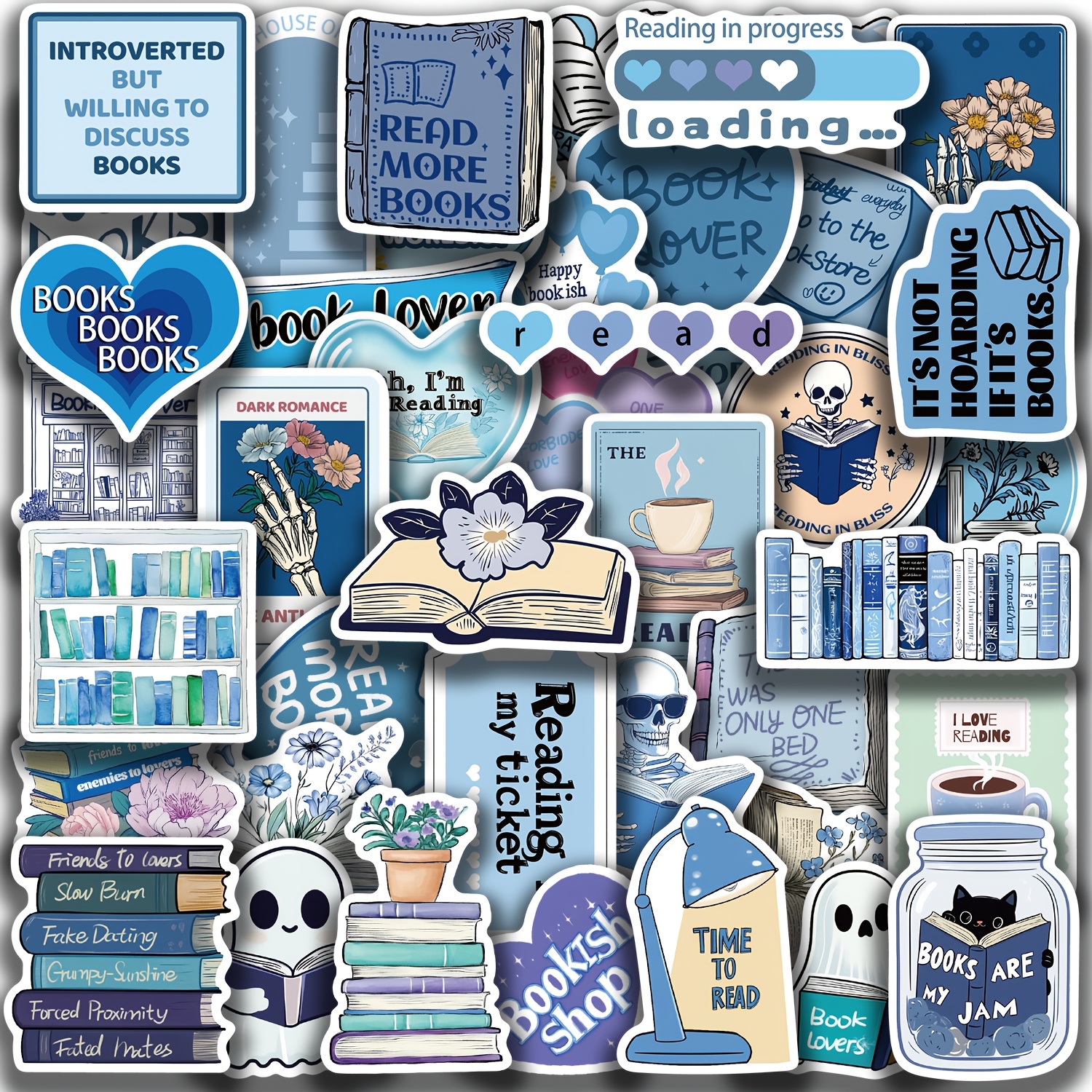 

50pcs Blue Vinyl Stickers Set - For Scrapbooking, Laptops, Water Bottles & More - , Reusable Cartoon Designs