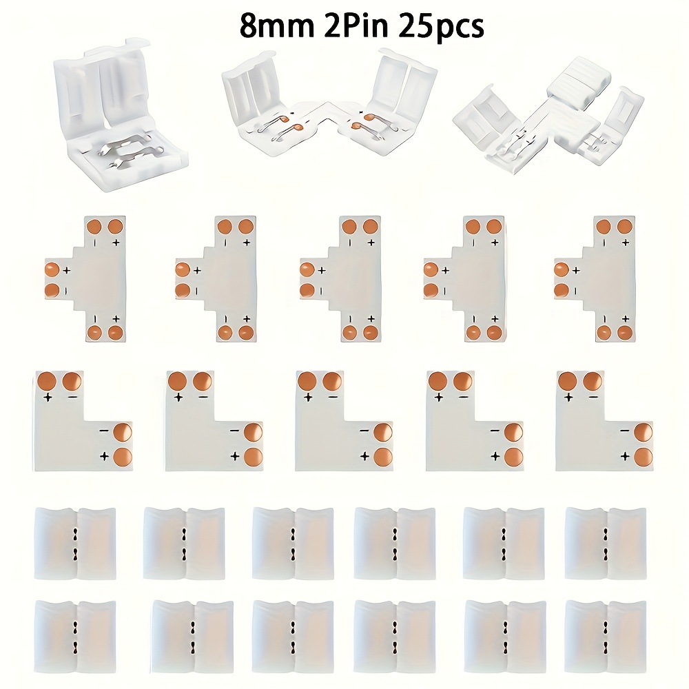 Image of 25pcs 2pin/4 Pin Led Light Strip Connectors Set Including Screw Clips, 8mm/10mm 4 Pin Led Connectors, Cuttable T, L Shape Pcb Board For Smd 5050 Rgb Strip Lights Connector